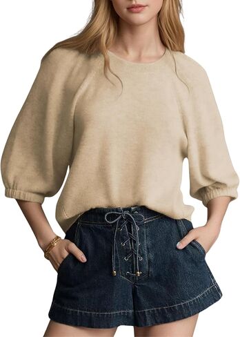 Tanming Womens Puff Short Sleeve Sweater Crew Neck Casual Outfits Work Blouses Pullover Sweaters Knit Tops in Saudi Arabia