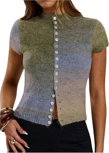 MakeMeChic Women's Fall Clourful Button Down Sweater Short Sleeve Crew Neck Knit Cardigan in Saudi Arabia