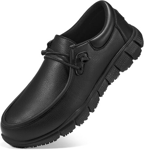 NINGO Non Slip Work Shoes for Men, Water & Oil Resistant Slip On Chef Shoes with Breathable Leather, Lightweight Comfort Work Loafers for Kitchen/Restaurant Staff, Food Service Walking Shoe, Black in Kuwait