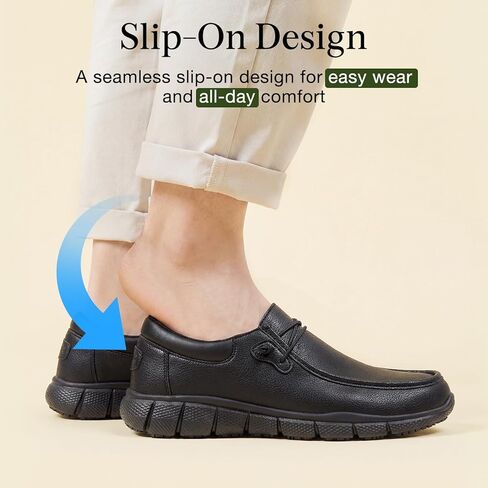NINGO Non Slip Work Shoes for Men, Water & Oil Resistant Slip On Chef Shoes with Breathable Leather, Lightweight Comfort Work Loafers for Kitchen/Restaurant Staff, Food Service Walking Shoe, Black in Kuwait
