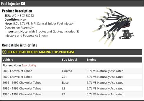 MPI Central Spider Fuel Injector Conversion Assembly Kit - 8-Piece - with Bracket and Gasket - Compatible with 1996-2000 Chevy Tahoe 5.7L V8 Naturally Aspirated in Saudi Arabia