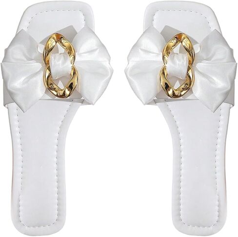 OYOANGLE Women's Bow Leather Sandals Metal Decor Square Open Toe Comfortable Slip on Dressy Flat Sandals in Saudi Arabia