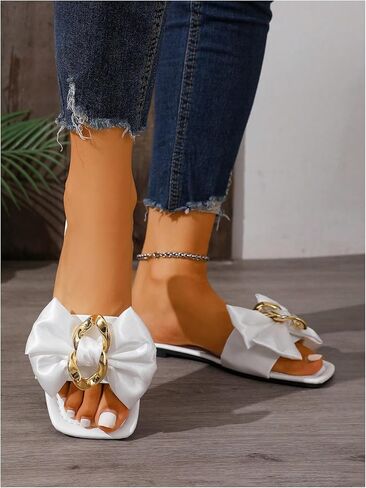 OYOANGLE Women's Bow Leather Sandals Metal Decor Square Open Toe Comfortable Slip on Dressy Flat Sandals in Saudi Arabia