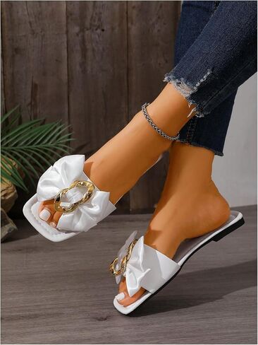 OYOANGLE Women's Bow Leather Sandals Metal Decor Square Open Toe Comfortable Slip on Dressy Flat Sandals in Saudi Arabia