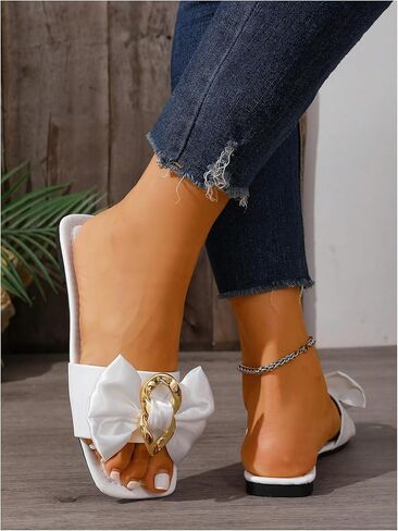 OYOANGLE Women's Bow Leather Sandals Metal Decor Square Open Toe Comfortable Slip on Dressy Flat Sandals in Saudi Arabia