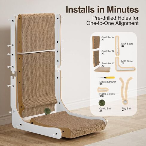 Gimars Vertical Cat Scratcher, L-Shape 26.8'' Cat Scratching Cardboard with Plush & Catnip Balls, Large Size Cat Scratch Pad Wall Mounted, Cat Toys for Protecting Furniture in Kuwait