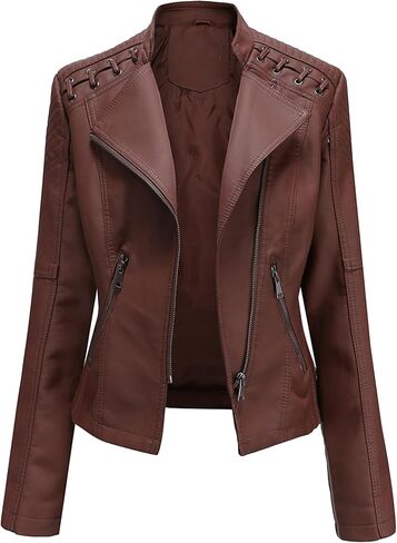DIACACY Women's Faux Leather Jacket Classic Cropped Motorcycle Biker Zipper Jacket Slim Fit Pocket Spring Fall Coat in Saudi Arabia