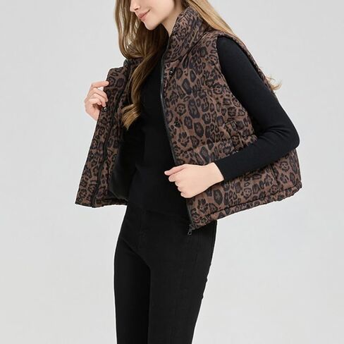Leopard Print Vest for Women Stand Collar Sleeveless Fluffy Puffer Quilted Jackets with Pockets Winter Outwear in Saudi Arabia