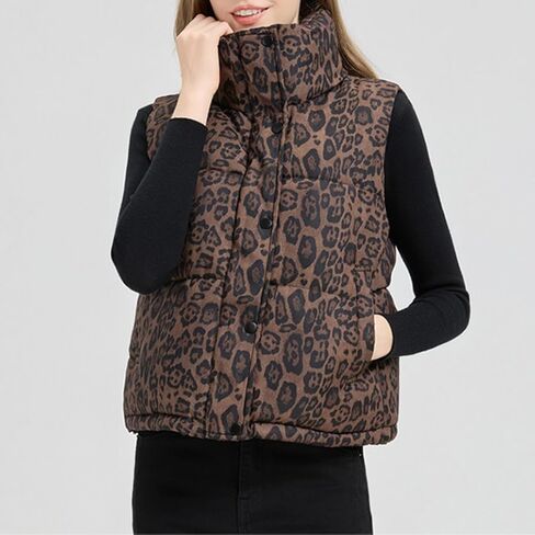 Leopard Print Vest for Women Stand Collar Sleeveless Fluffy Puffer Quilted Jackets with Pockets Winter Outwear in Saudi Arabia