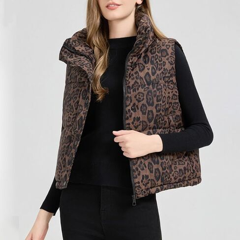 Leopard Print Vest for Women Stand Collar Sleeveless Fluffy Puffer Quilted Jackets with Pockets Winter Outwear in Saudi Arabia
