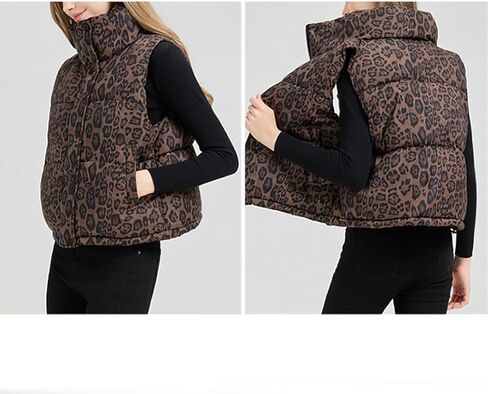 Leopard Print Vest for Women Stand Collar Sleeveless Fluffy Puffer Quilted Jackets with Pockets Winter Outwear in Saudi Arabia