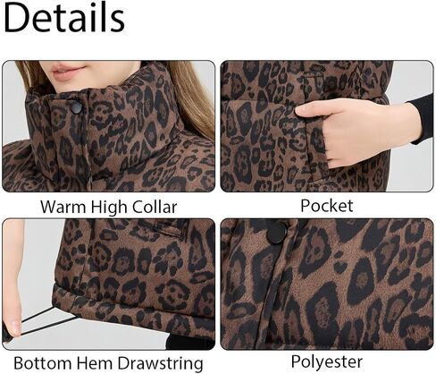 Leopard Print Vest for Women Stand Collar Sleeveless Fluffy Puffer Quilted Jackets with Pockets Winter Outwear in Saudi Arabia