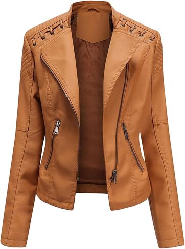 DIACACY Women's Faux Leather Jacket Classic Cropped Motorcycle Biker Zipper Jacket Slim Fit Pocket Spring Fall Coat in Saudi Arabia