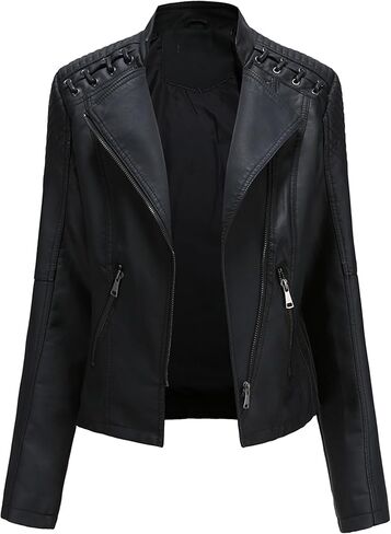 DIACACY Women's Faux Leather Jacket Classic Cropped Motorcycle Biker Zipper Jacket Slim Fit Pocket Spring Fall Coat in Saudi Arabia