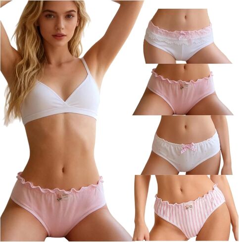 Womens Underwear for Women 4 Packs Panties Briefs Cute Cotton Kawaii Bow Ruffled Stripes Polka Dots in Kuwait