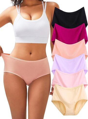 Buankoxy Womens Underwear Cotton Stretch Panties Mid Waist Full Coverage Brief Ladies Panties 6 Pack in Kuwait