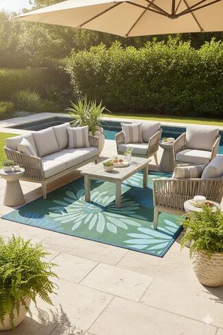 Mad Mats Outdoor Rug, Reversible Plastic Mat for Patio, Porch, Deck, Kitchen & Bath, Daisy, 6' x 9', Aqua/Green in Saudi Arabia