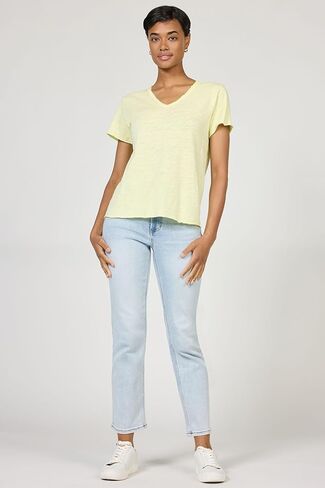 DEAR JOHN Vanya Short Sleeve Vee Neck Women's Slub Tee Knit Relaxed Fit Shirt in Saudi Arabia