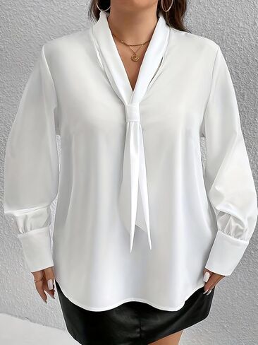 White V-Neck Satin Blouse with a Bow in a Commuter Style, Versatile and Flattering, Suitable for Daily Office wear in Saudi Arabia