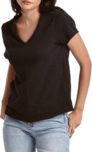 DEAR JOHN Vanya Short Sleeve Vee Neck Women's Slub Tee Knit Relaxed Fit Shirt in Saudi Arabia