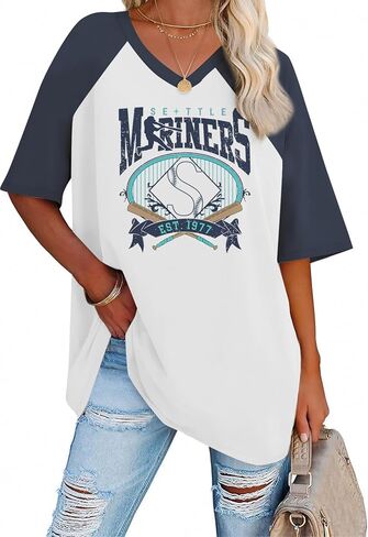 تي شيرت بيسبول نسائي كبير الحجم برسوم كرة البيسبول وأكمام قصيرة، قمصان بيسبول على شكل قلب، تي شيرت علوي in Kuwait