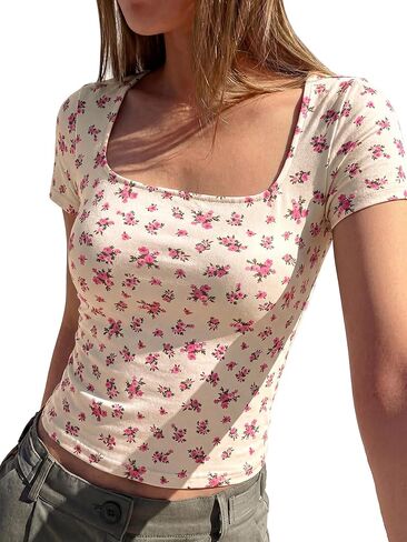 BTFBM Floral Square Neck Tops for Women 2026 Trendy Summer Outfits Short Sleeve Shirts Boho Top Beach Vacation Clothes in Saudi Arabia