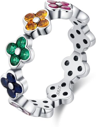 925 Sterling Silver Sweet Rainbow Color Zirconia Four Leaf Clover Fashion Finger Rings For Women Fine Stackable Trendy Sweet Ring in Saudi Arabia
