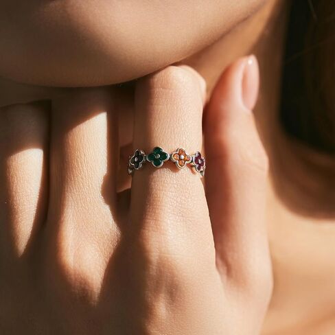 925 Sterling Silver Sweet Rainbow Color Zirconia Four Leaf Clover Fashion Finger Rings For Women Fine Stackable Trendy Sweet Ring in Saudi Arabia