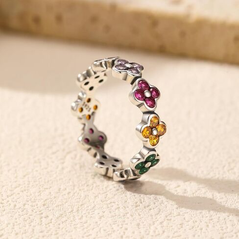 925 Sterling Silver Sweet Rainbow Color Zirconia Four Leaf Clover Fashion Finger Rings For Women Fine Stackable Trendy Sweet Ring in Saudi Arabia