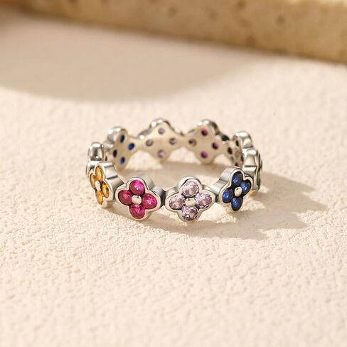 925 Sterling Silver Sweet Rainbow Color Zirconia Four Leaf Clover Fashion Finger Rings For Women Fine Stackable Trendy Sweet Ring in Saudi Arabia