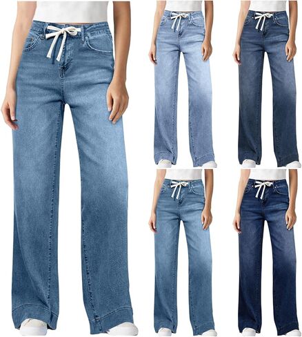 Jeans for Women High Waisted Wide Leg Denim Fashion Baggy Casual Comfy Stretchy Pants with Pockets in Saudi Arabia