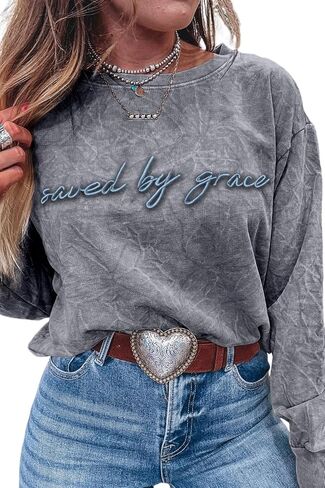 LALAGEN Womens Fall Loose Sweatshirt Saved by Grace Embroidery Mineral Wash Casual Tops in Kuwait