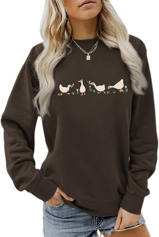 Cute Silly Goose Sweatshirt for Women Funny Duck Cartoon Hoodie Aesthetic Vintage Graphic Long Sleeve Shirts Tops in Kuwait