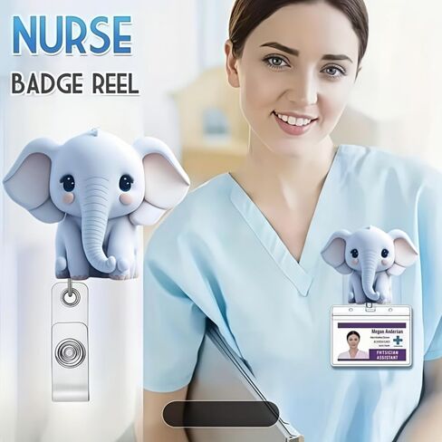 Cute Elephant Retractable Badge Holder - with 24" Nylon Cord, Steel Belt Clip, Ideal ID Card Holder for Nurses, Doctors & Office Workers | Work Lanyard Accessory in Saudi Arabia