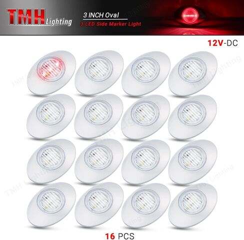 TMH [16 Pcs ] 3 Inch Mini Clear Lens Red 3 LED Oval Cab Marker Panel Lights with Chrome Bezel Surface Mount for Pickup Trailer Truck Bus Tractor Tow Flatbed 12V DC 3528 SMD in Saudi Arabia