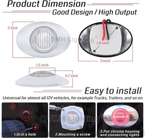 TMH [16 Pcs ] 3 Inch Mini Clear Lens Red 3 LED Oval Cab Marker Panel Lights with Chrome Bezel Surface Mount for Pickup Trailer Truck Bus Tractor Tow Flatbed 12V DC 3528 SMD in Saudi Arabia