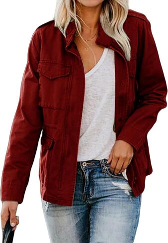 Women Military Anorak Jackets Zip Up Snap Buttons Parka Jacket Lightweight Utility Field Safari Coat Outwear Coats in Kuwait