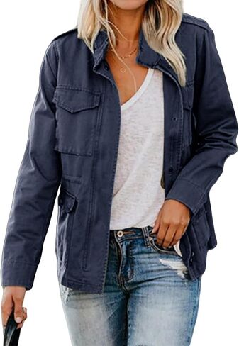 Women Military Anorak Jackets Zip Up Snap Buttons Parka Jacket Lightweight Utility Field Safari Coat Outwear Coats in Saudi Arabia