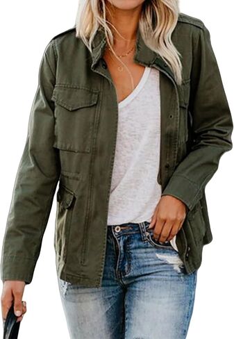 Women Military Anorak Jackets Zip Up Snap Buttons Parka Jacket Lightweight Utility Field Safari Coat Outwear Coats in Saudi Arabia