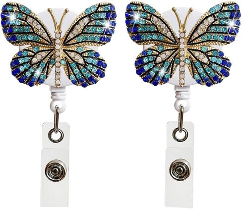 2Pcs Butterfly Rhinestones Retractable Badge Reel,Bling Diamond Badge Holder Reels with Swivel Alligator Clip for Nurse Teachers Volunteers Employees Identification Supplies (Blue and Crystal Blue) in Saudi Arabia