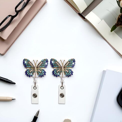 2Pcs Butterfly Rhinestones Retractable Badge Reel,Bling Diamond Badge Holder Reels with Swivel Alligator Clip for Nurse Teachers Volunteers Employees Identification Supplies (Blue and Crystal Blue) in Saudi Arabia