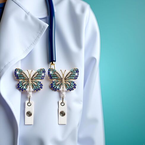 2Pcs Butterfly Rhinestones Retractable Badge Reel,Bling Diamond Badge Holder Reels with Swivel Alligator Clip for Nurse Teachers Volunteers Employees Identification Supplies (Blue and Crystal Blue) in Saudi Arabia