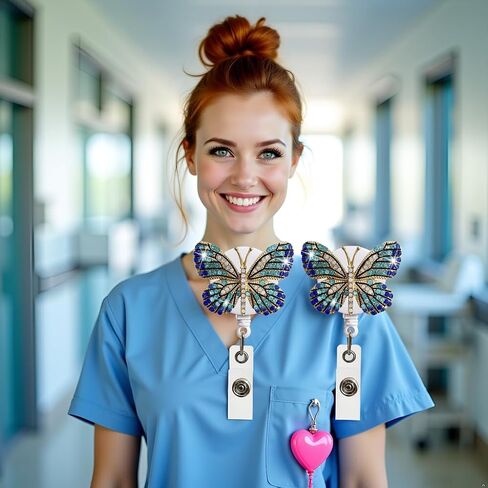 2Pcs Butterfly Rhinestones Retractable Badge Reel,Bling Diamond Badge Holder Reels with Swivel Alligator Clip for Nurse Teachers Volunteers Employees Identification Supplies (Blue and Crystal Blue) in Saudi Arabia