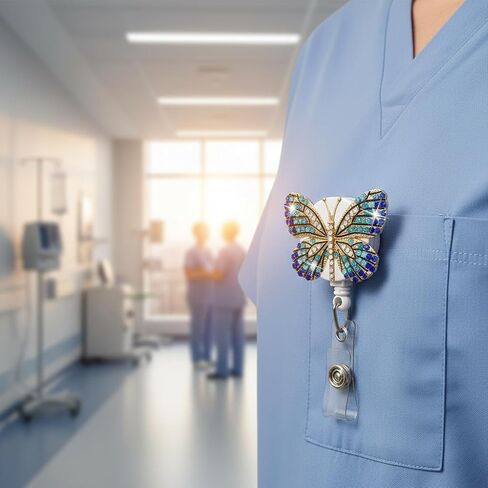 2Pcs Butterfly Rhinestones Retractable Badge Reel,Bling Diamond Badge Holder Reels with Swivel Alligator Clip for Nurse Teachers Volunteers Employees Identification Supplies (Blue and Crystal Blue) in Saudi Arabia