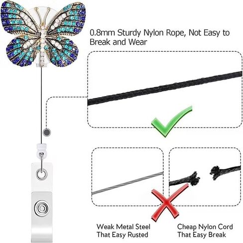 2Pcs Butterfly Rhinestones Retractable Badge Reel,Bling Diamond Badge Holder Reels with Swivel Alligator Clip for Nurse Teachers Volunteers Employees Identification Supplies (Blue and Crystal Blue) in Saudi Arabia