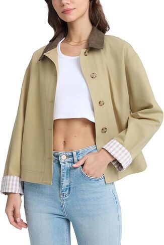 D-Sun Cropped Jacket Contrast Collar Barn Coat Utility Short Trench Coat Button Front Casual Lined Outwear with Pockets in Kuwait