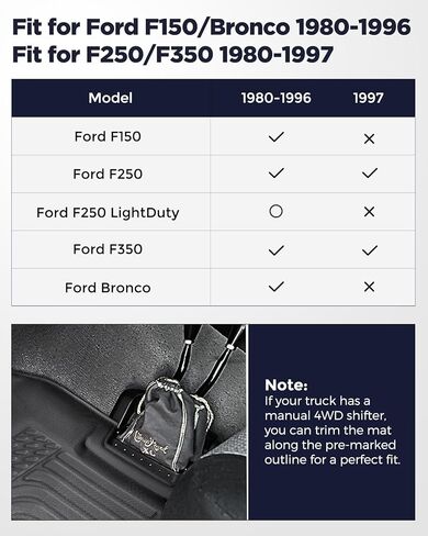 CreekT® for Ford F150 & Bronco Floor Mats 1980-1996, for F250/F350 1980-1997 All Weather Floor Mats, Custom Fit for Ford F-150 & Bronco, 2-Piece Front Set Rubber Heavy Duty Classic Truck Accessories​ in Kuwait