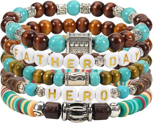 Beaded Bracelet Set for Dad Men Turquoise and Wood Beads Bracelet Father's Day Jewelry in Kuwait