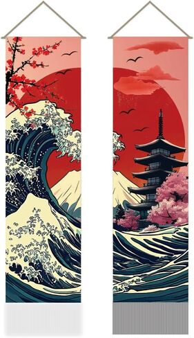 AHANDMAKER 2Pcs Japanese Ocean Sea Wave Tapestry, Asian Oriental Kanagawa Cherry Blossoms Fusion Tassel Tapestry Hanging for Bedroom Living Room Decorative Touch(45.7x13 Inch) in Saudi Arabia