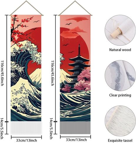 AHANDMAKER 2Pcs Japanese Ocean Sea Wave Tapestry, Asian Oriental Kanagawa Cherry Blossoms Fusion Tassel Tapestry Hanging for Bedroom Living Room Decorative Touch(45.7x13 Inch) in Saudi Arabia